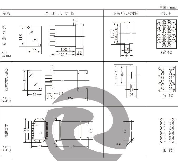 JZJ-207,JZY-207中間繼電器外形及安裝開孔尺寸圖