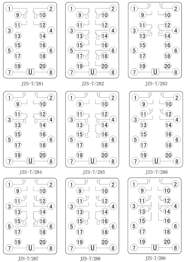 JZS-7/284斷電延時中間繼電器內部接線圖